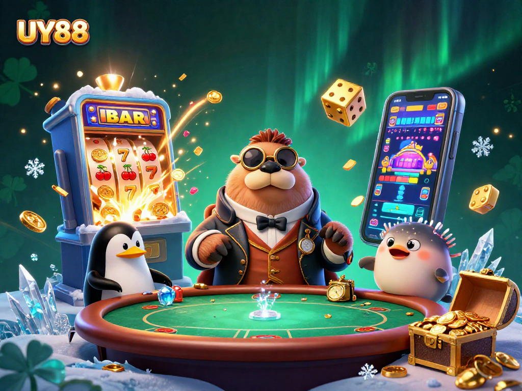 Experience thrilling gameplay at UY88 with lively characters and casino riches in a vibrant underwater scene.
