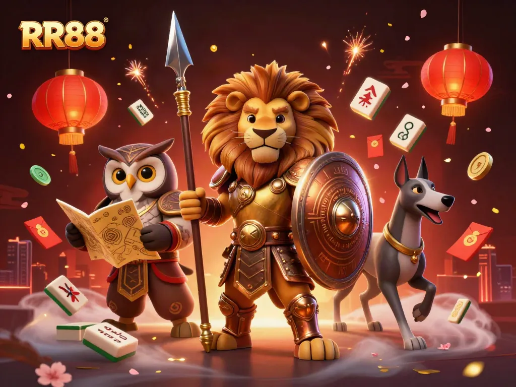 Experience the thrill at RR88 with a cinematic casino-themed 3D illustration featuring majestic characters amidst vibrant gambling elements.