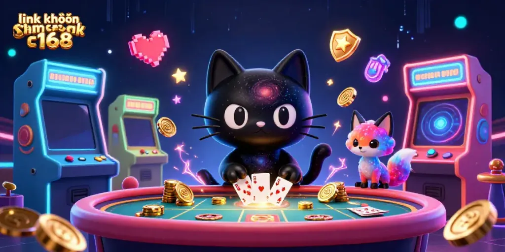 Experience the thrill of link không chặn c168 with a cosmic casino scene featuring a charming gravity-defying cat and fox.