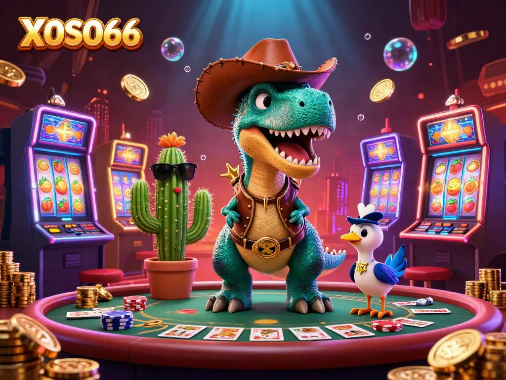 XOSO66 gambling scene with a T-Rex, cactus, and roadrunner in a vibrant casino.