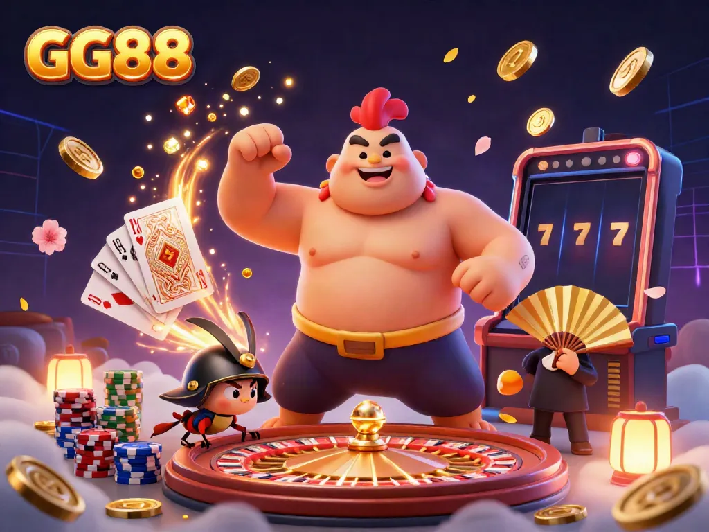 Experience the GG88 casino excitement with a dynamic scene featuring a sumo wrestler rooster, a cricket in samurai gear, and a tanuki announcer amidst vibrant casino elements.