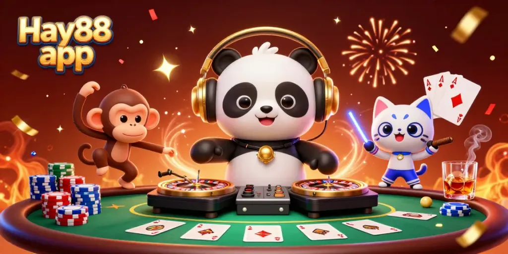 Engage with the Hay88 app in a lively casino scene featuring colorful characters.