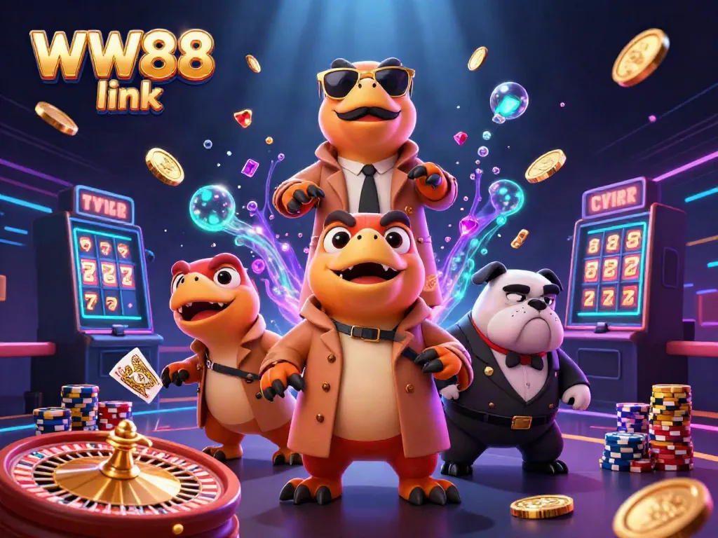 Cascading coins and a raptor trio disguise to enter a VIP casino, representing the WW88 link.