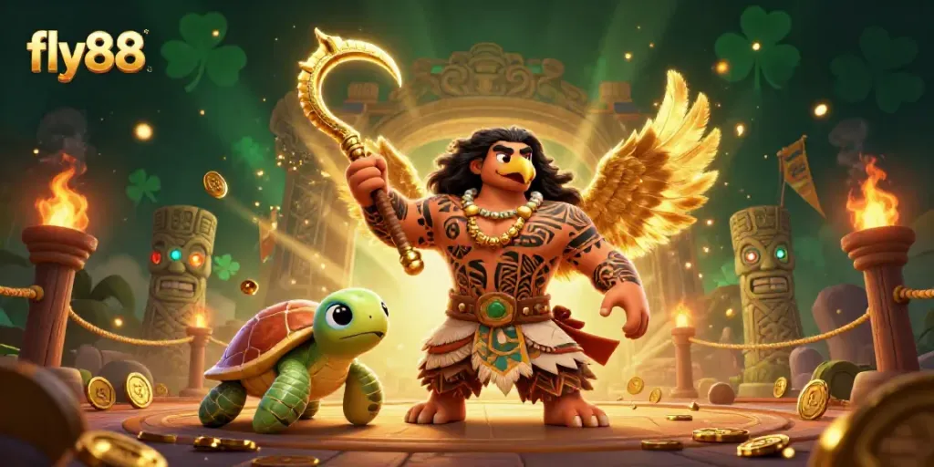 Experience the excitement of fly88 with a vibrant gaming scene featuring tribal characters and dynamic casino elements.