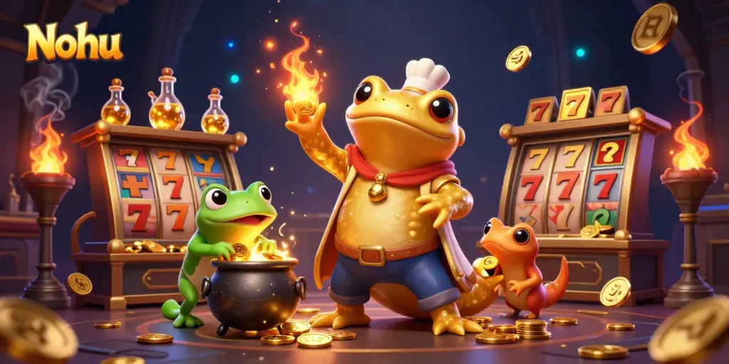 Nohu casino scene with golden salamander crafting gold coins, surrounded by slot reels and vivid gambling elements.