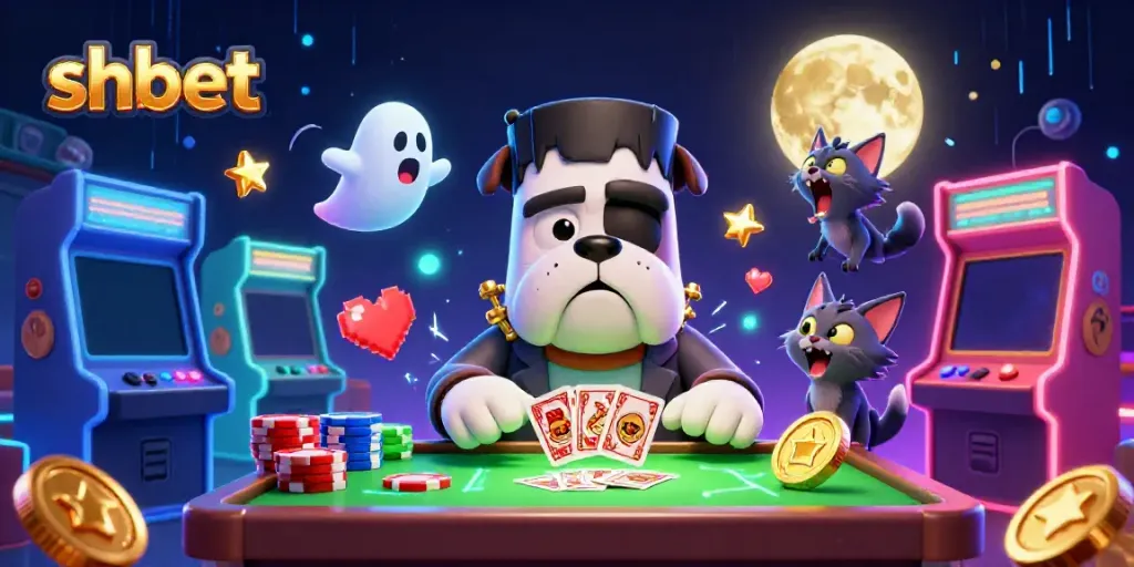 Shbet's thrilling casino illustration featuring a Frankenstein bulldog, ghostly mouse, and werewolf kitten.