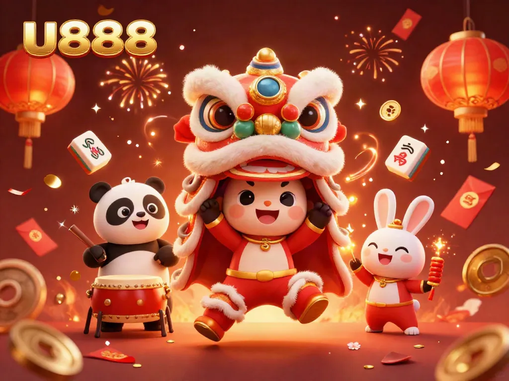 Join the festivities with u888 in this vibrant 3D illustration showcasing a lion dance, drumming panda, and golden prizes.