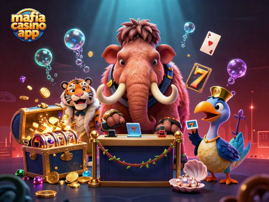 Experience the thrilling mafia casino app with colorful gems and slot reels in this vibrant illustration.