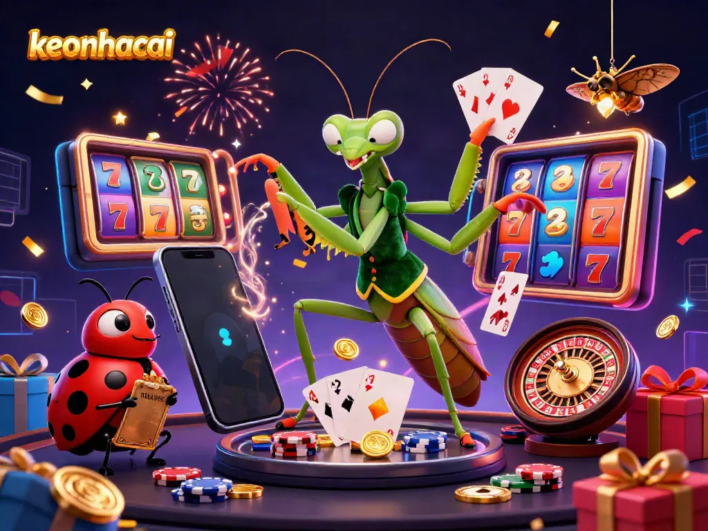 Dynamic celebration of keonhacai with 3D cartoon mantis card sharp and lively casino elements.