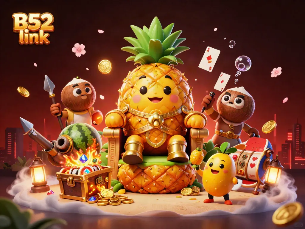 Experience the vibrant B52 link with the golden pineapple king and dynamic gaming elements in a captivating scene.
