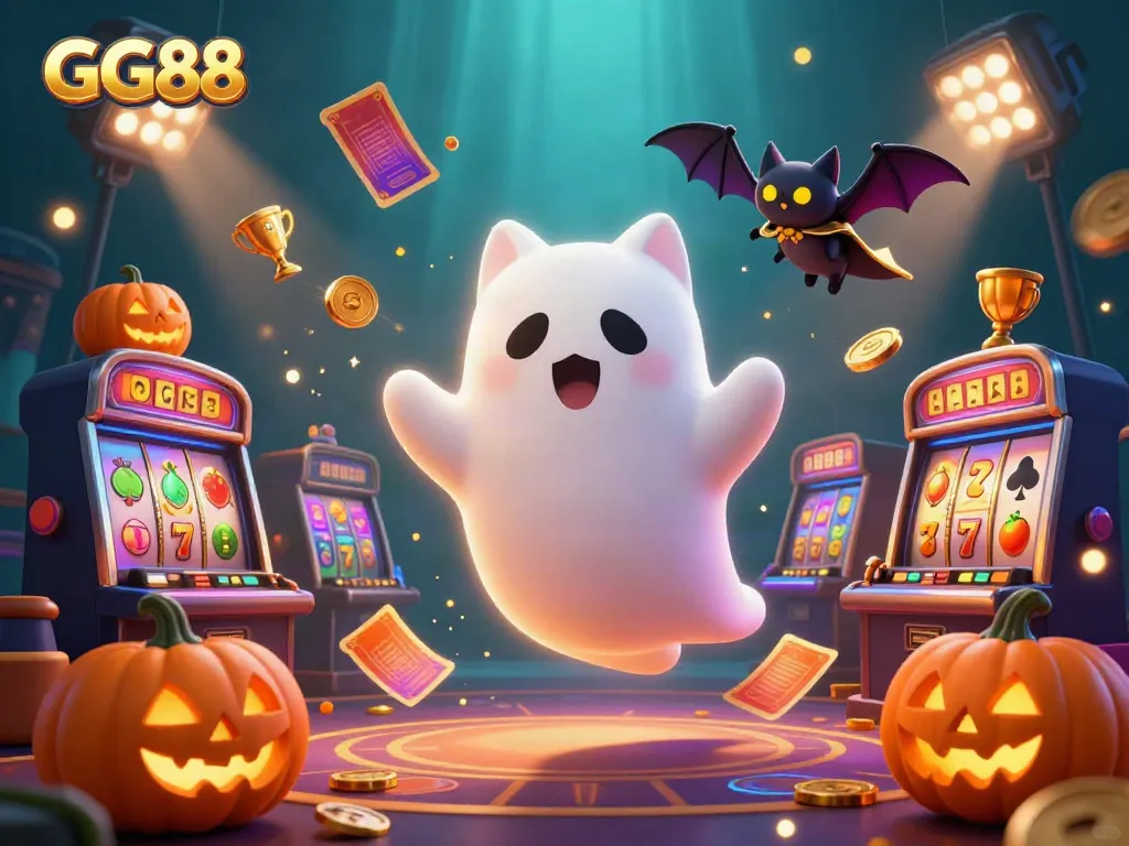 Experience the thrilling GG88 casino world with a ghost cat and vampire bat amid lively gaming elements.