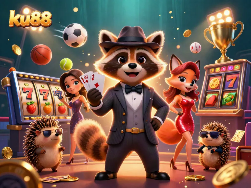 ku88 showcases exciting slots with a raccoon holding a royal flush, surrounded by vibrant casino elements.