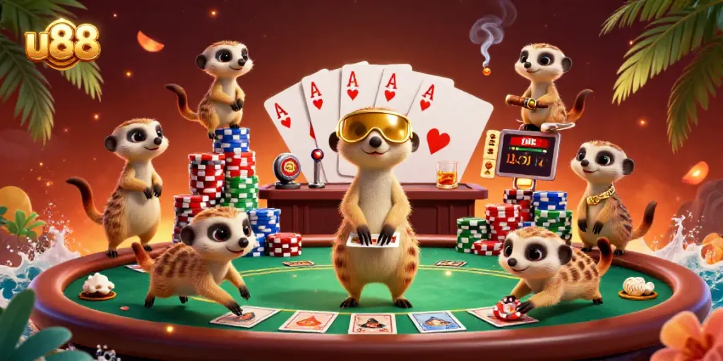 Experience innovative gameplay at u88 with meerkats managing a lively casino operation filled with colorfully stacked poker chips.