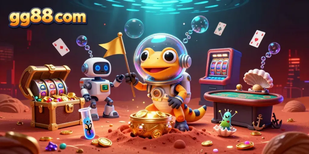 Engage in winning strategies at gg88 com with a Martian gecko exploring a vibrant casino scene.