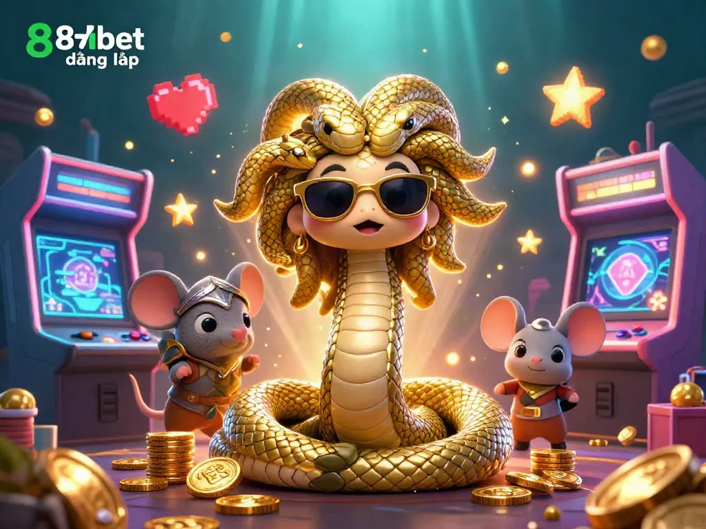 Engage in immersive gaming action with 8xbet đăng nhập in a vibrant casino-themed scene featuring characters and arcade elements.