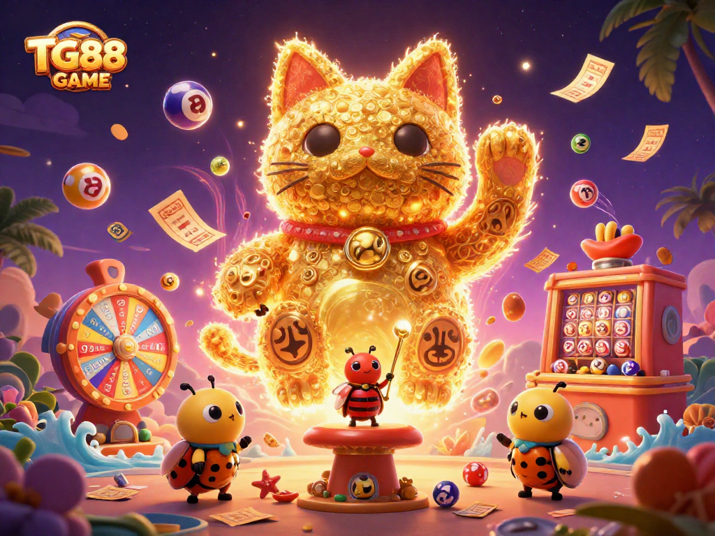 Engage in TG88 GAME alongside a giant lucky cat and vibrant casino elements in a rich 3D illustration.