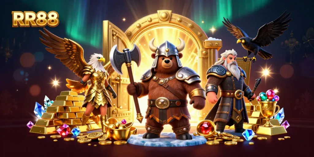 Experience thrilling wins at RR88 with a Viking bear and Valkyrie eagle in a vibrant casino scene.