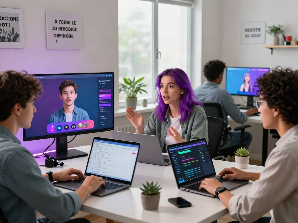 Dynamic interaction showcasing spicy chat ai app in a modern tech workspace with users engaged with AI avatars.