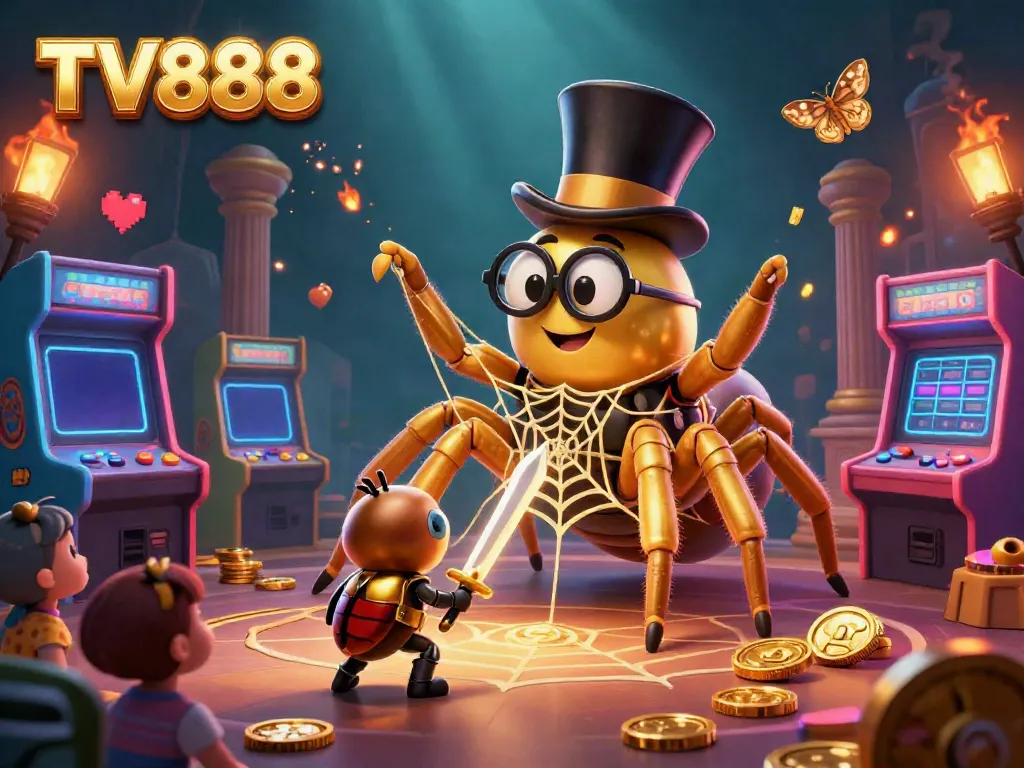 Experience the excitement at TV888 with a golden tarantula weaving winning webs among dazzling game machines.