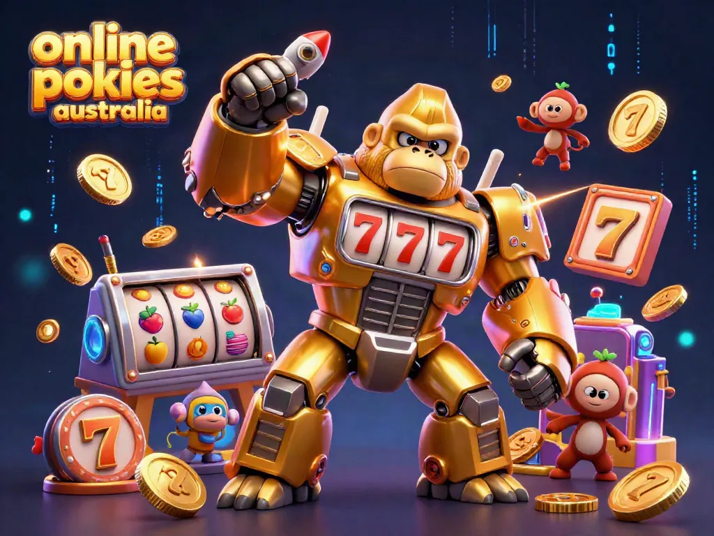 Experience online pokies australia with a dynamic scene of a golden gorilla mech surrounded by slot machine graphics, crafting an exciting gaming atmosphere.
