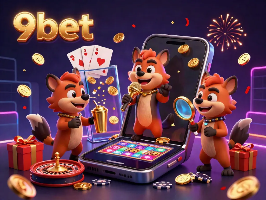 Hyenas host a lively comedy casino scene representing 9bet, featuring games and vibrant characters.