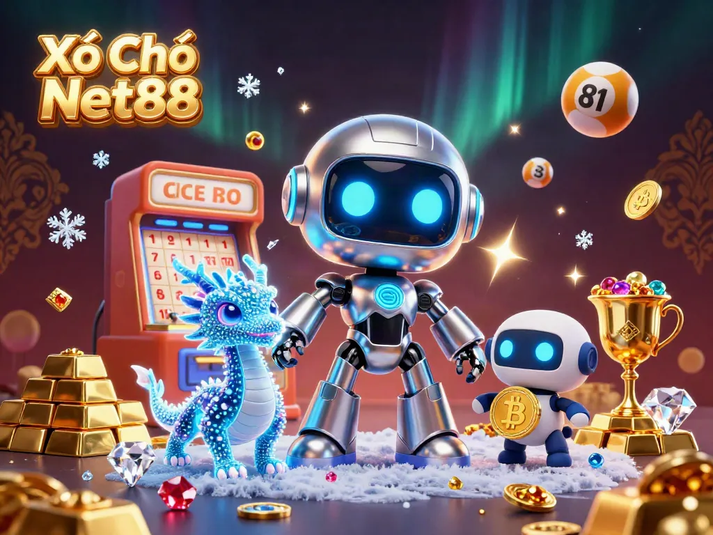 Xổ Số Net88 lottery offers excitement with vibrant characters and dynamic game elements in a colorful 3D illustration.
