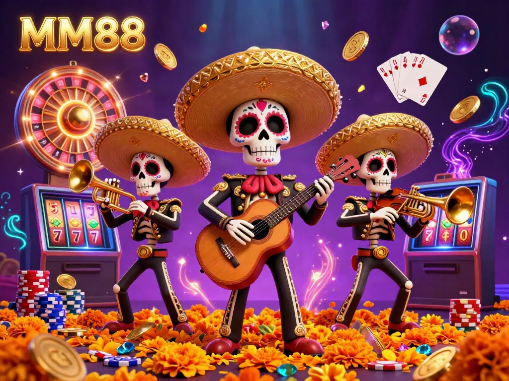Experience the thrill of MM88 with a vibrant mariachi band amidst cascading coins and gems.