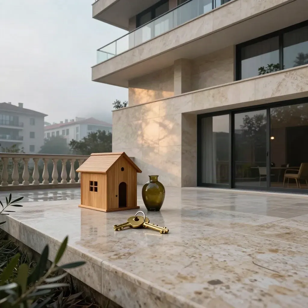 Facciata moderna con modellino di casa, chiavi in ottone e vaso d’ulivo su terrazza bagnata.