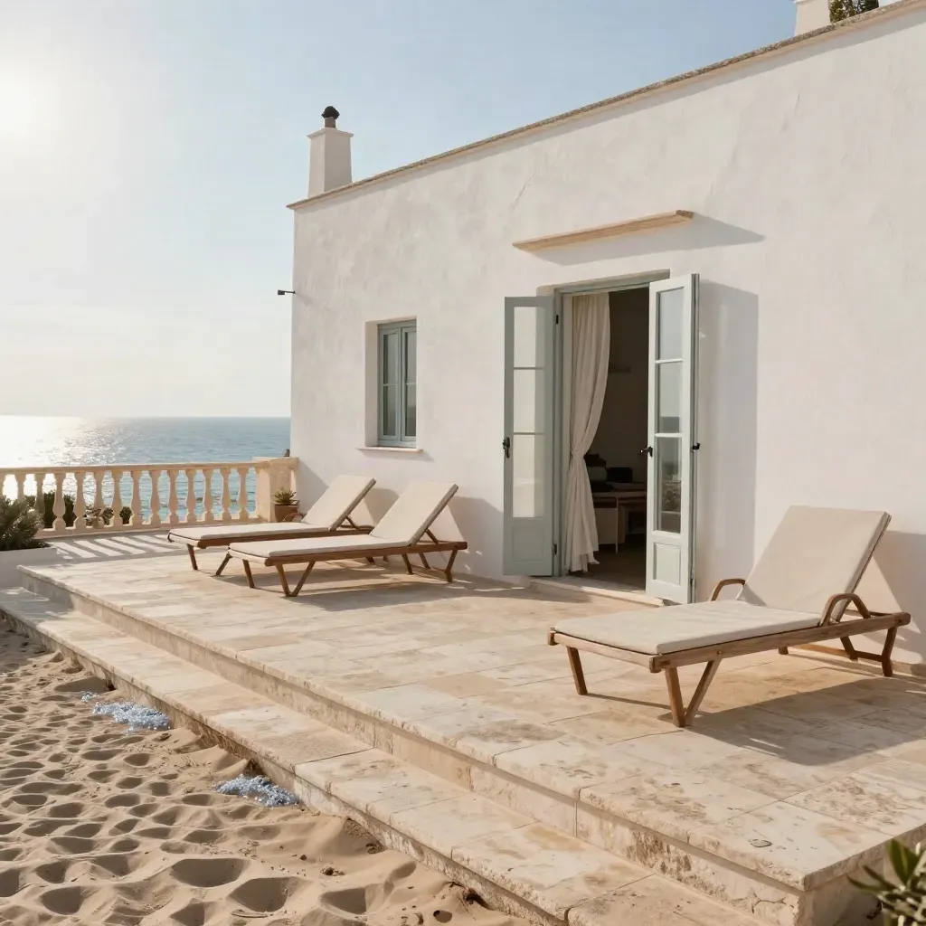 Casa vacanza bianca in Puglia con terrazza in pietra, sdraio vuote e mare sullo sfondo.