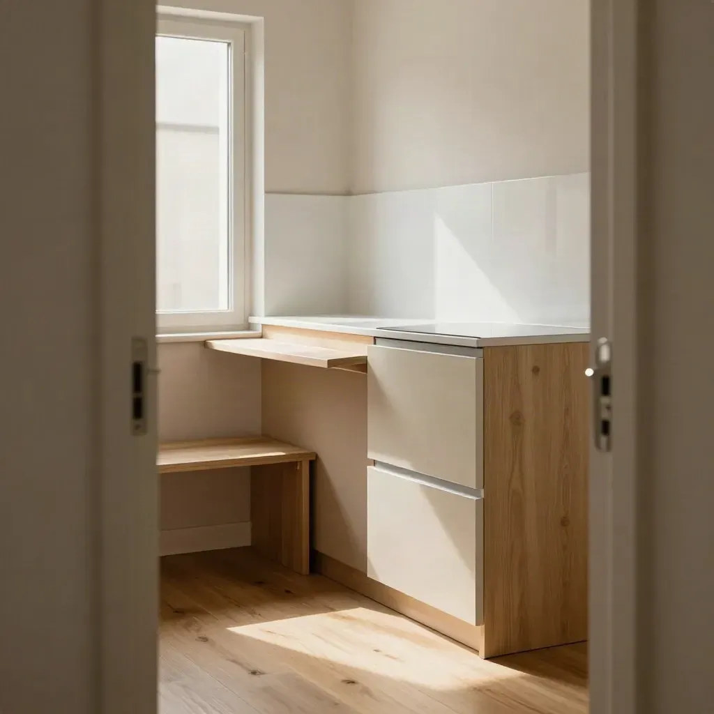 Piccolo bilocale luminoso con cucina lineare, tavolo chiuso e panca in legno chiaro