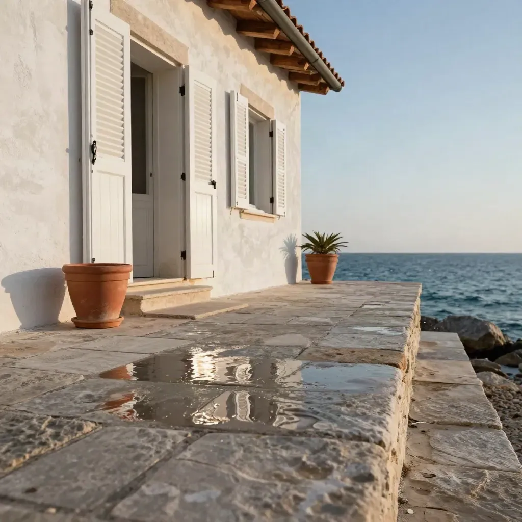 Casa al mare con terrazza in pietra, persiane bianche e riflessi d’acqua nel vento.