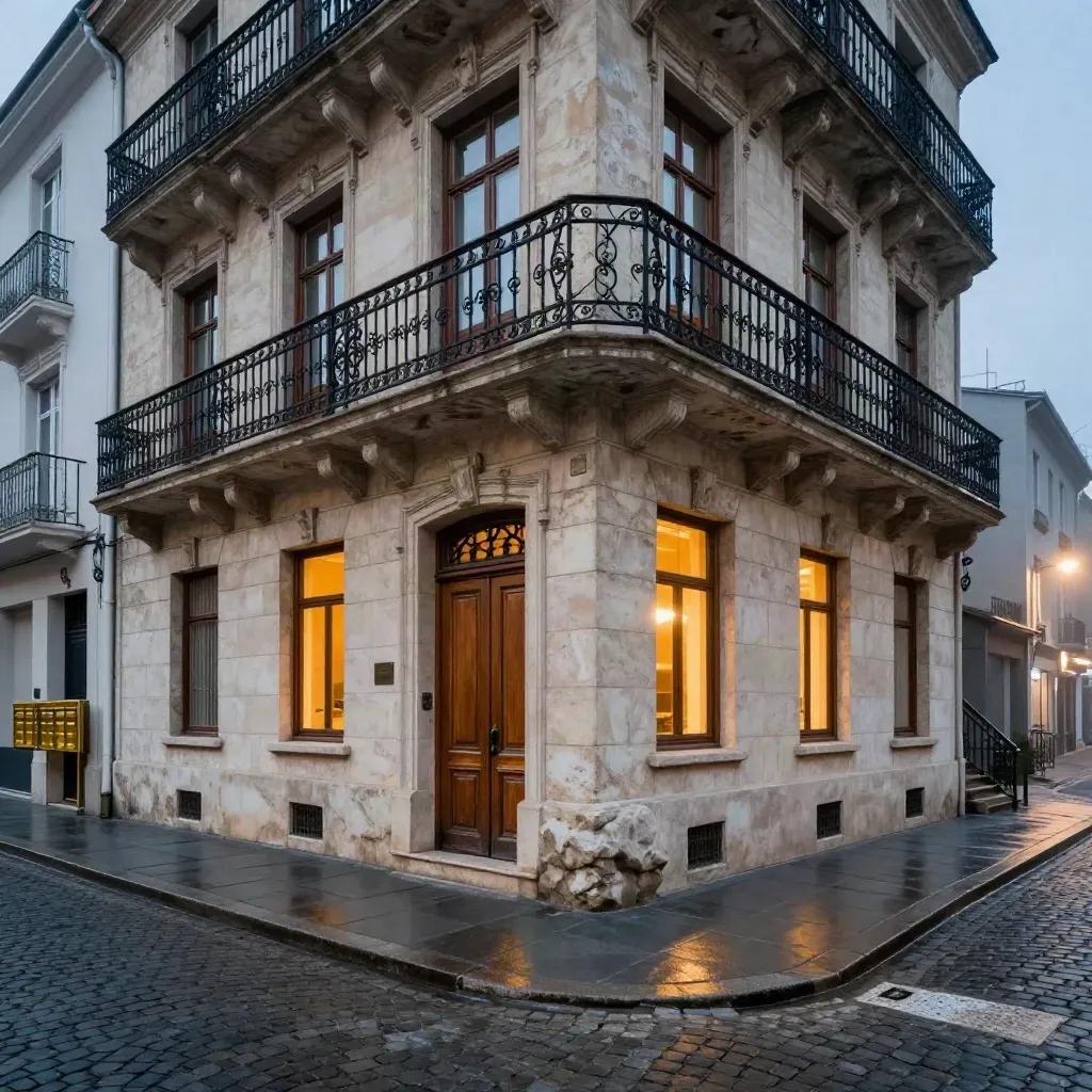 Palazzo storico in centro con balconi in ferro e portone socchiuso, illuminato al tramonto.