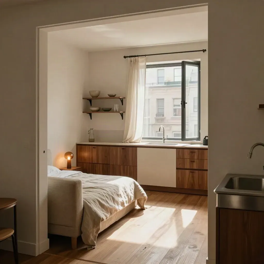 Monolocale ordinato con divano letto aperto, cucina lineare e finestra urbana nel pomeriggio.