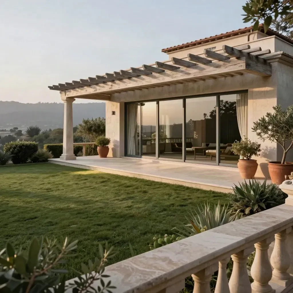 Villa moderna con giardino, patio in pietra, pergolato leggero e tende mosse dal vento.