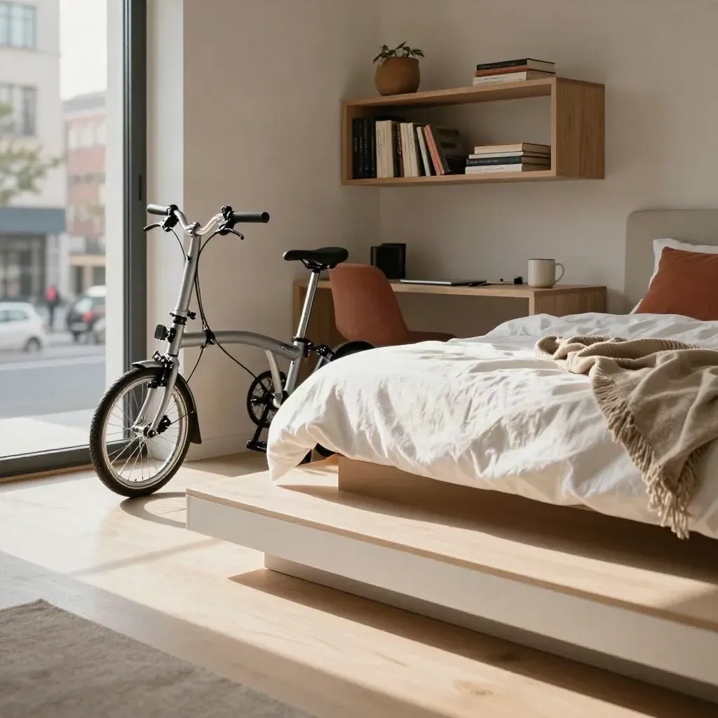Microappartamento con letto rialzato, bici pieghevole e finestra urbana al mattino.