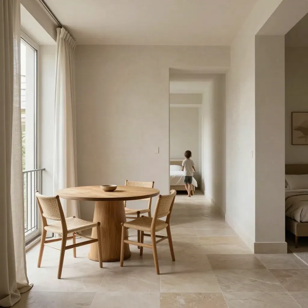 Trilocale luminoso con tavolo rotondo, sedie leggere e corridoio aperto verso le camere.