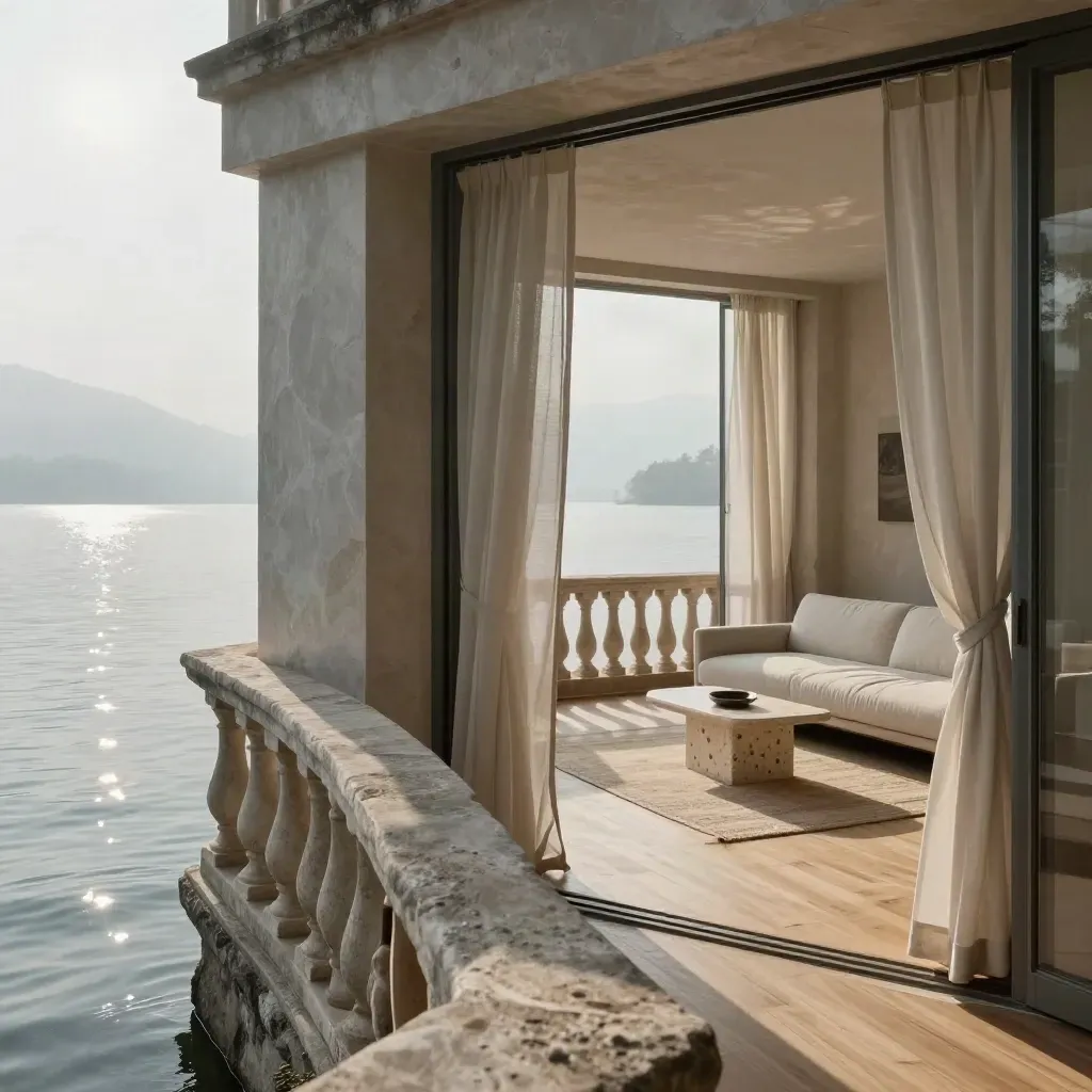 Appartamento sul lago con tende leggere e riflessi d’acqua nel soggiorno