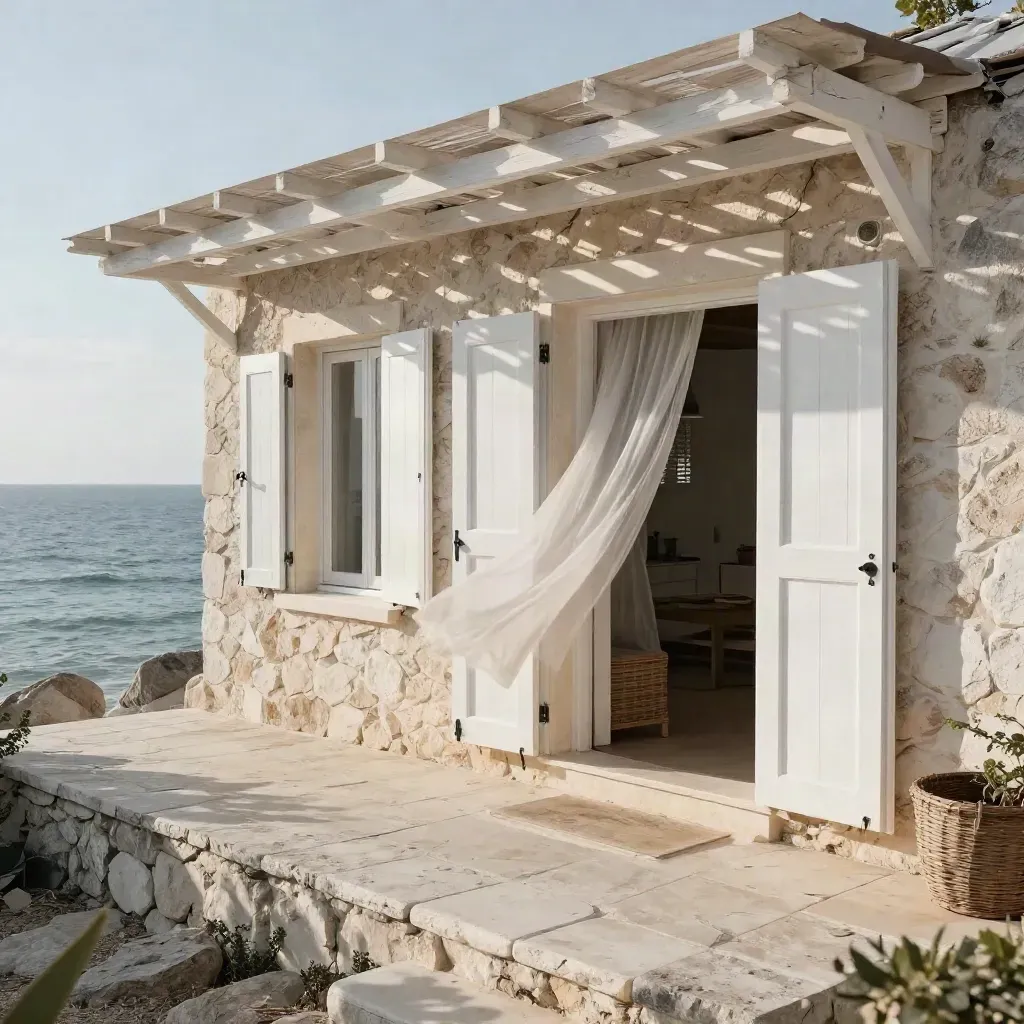 Casa vacanza al mare con terrazza in pietra, persiane bianche e tenda mossa dal vento