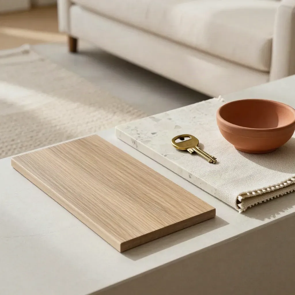 Campioni materiali per soggiorno con chiave di casa e ciotola in gres terracotta.