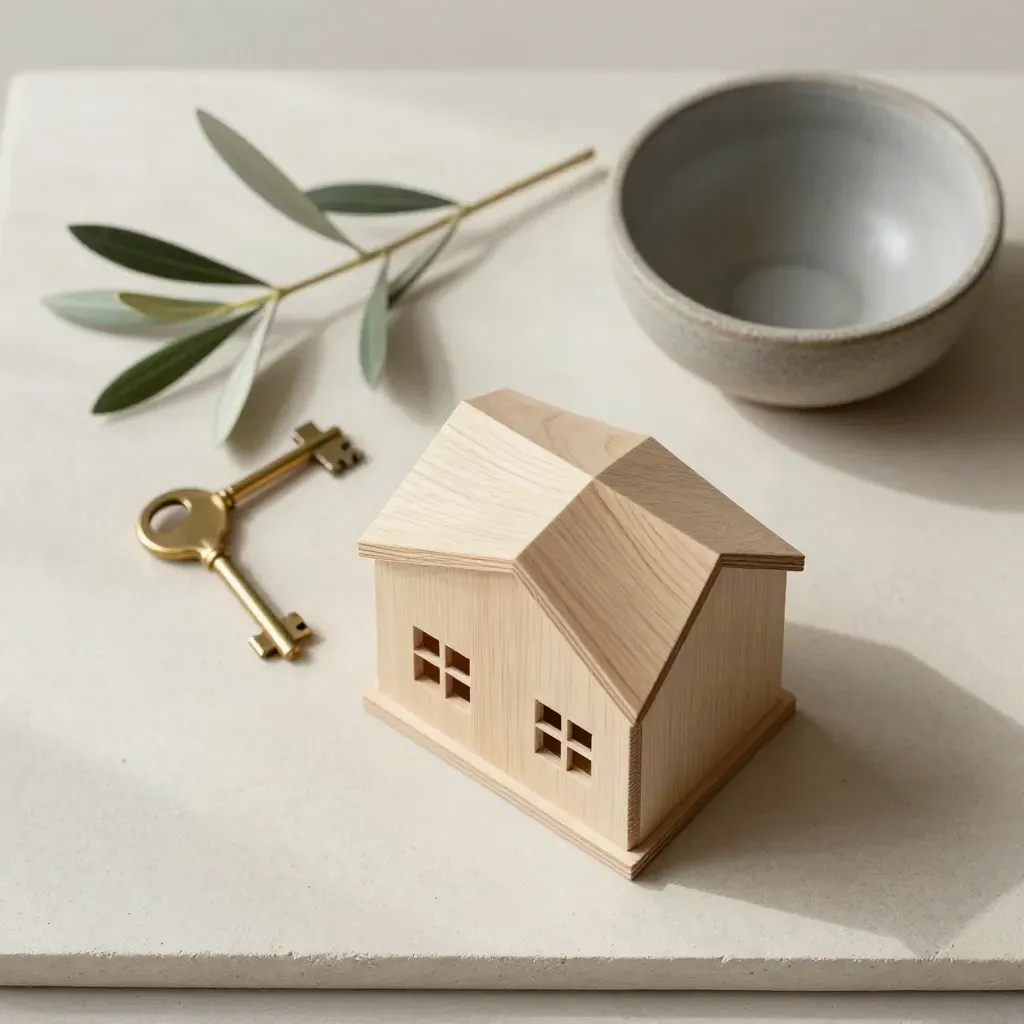 Casetta in legno, chiave in ottone, ciotola in gres e rametto d'ulivo su piano beige.