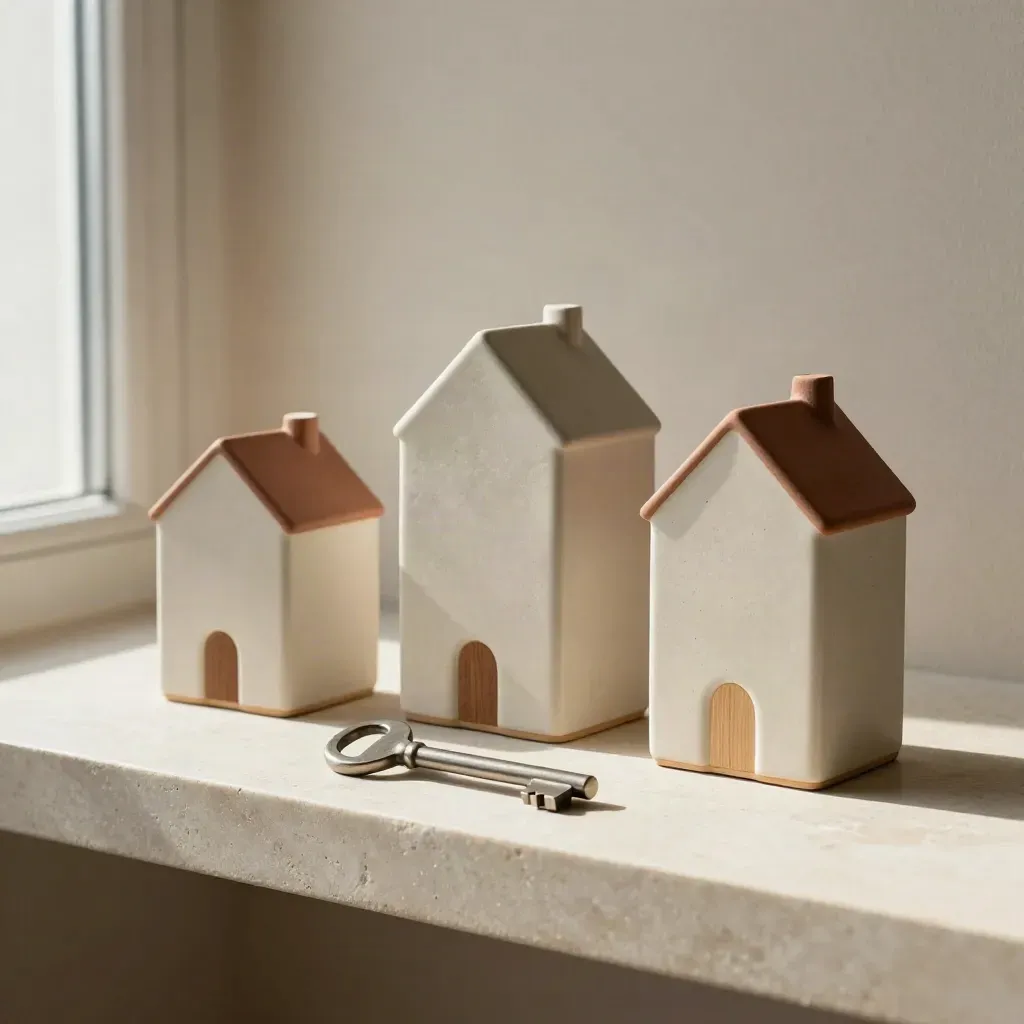 Tre casette in ceramica, chiave sottile e base in legno chiaro su mensola in pietra.