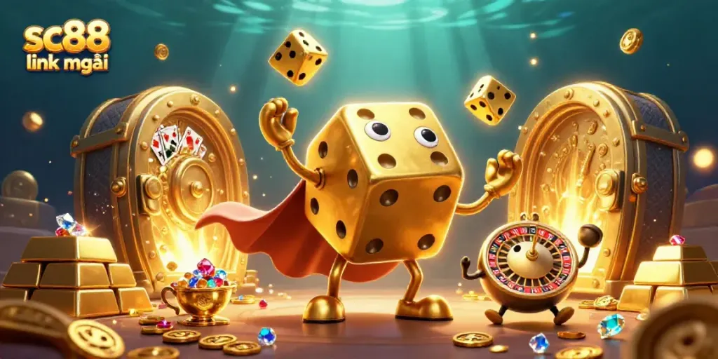 Experience the excitement of sc88 link mới with an animated 3D casino scene filled with treasures.