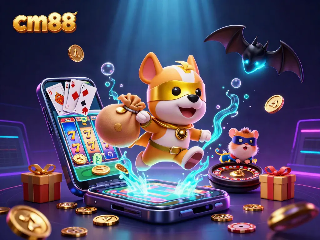 Experience thrilling moments with cm88 in this vibrant casino-themed 3D illustration showcasing a superhero dog and hamster.