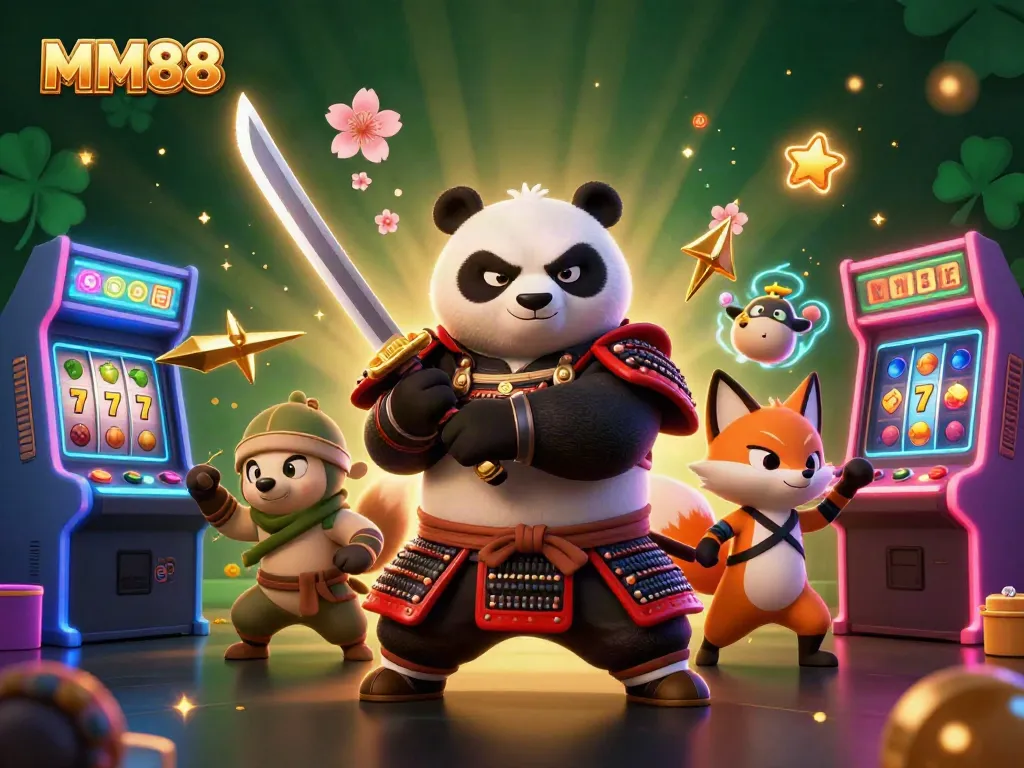 Engage in thrilling MM88 gaming with a dynamic samurai panda, ninja fox, and spirit tanuki.