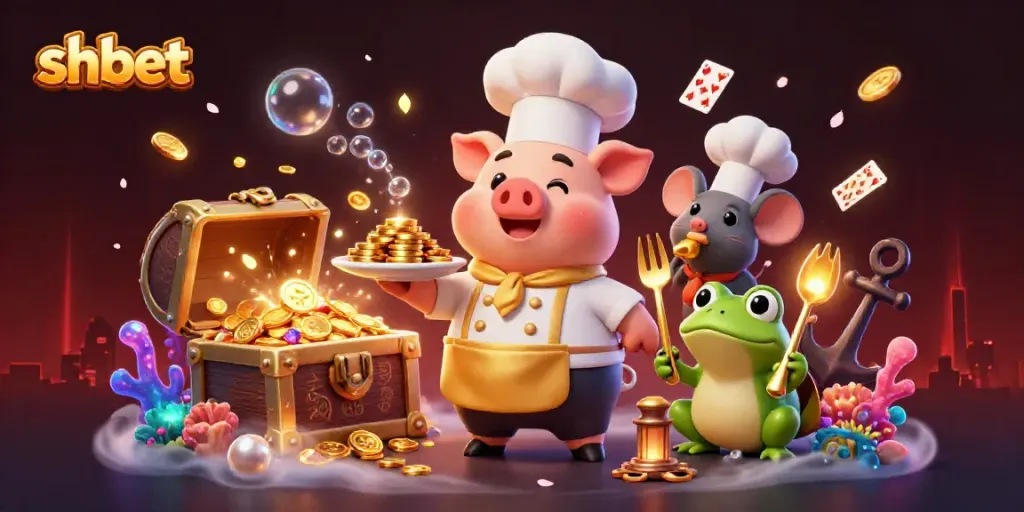Experience shbet's unique blend of gaming excitement with a dynamic casino feast illustration.