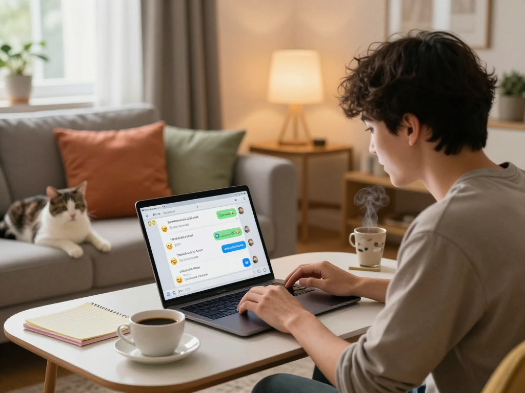 Engaging ai dirty chat session on a laptop in a cozy living room with vibrant visuals.