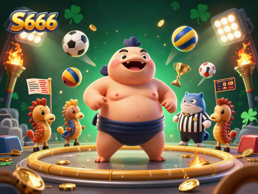S666 showcases an energetic underwater casino scene featuring a fugu in a sumo belt, catfish referee, and seahorse fans.