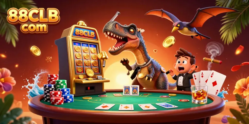 Experience the excitement of 88CLB com with a playful dinosaur juxtaposed against a jackpot slot machine.