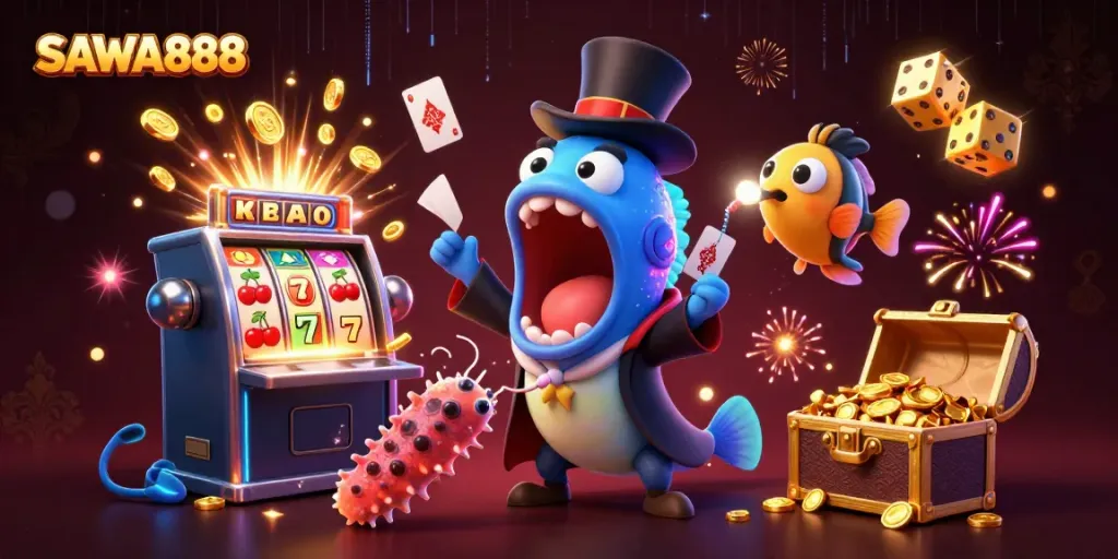 Engage with SAWA888's innovative casino experience featuring vibrant slot machines and unique characters.