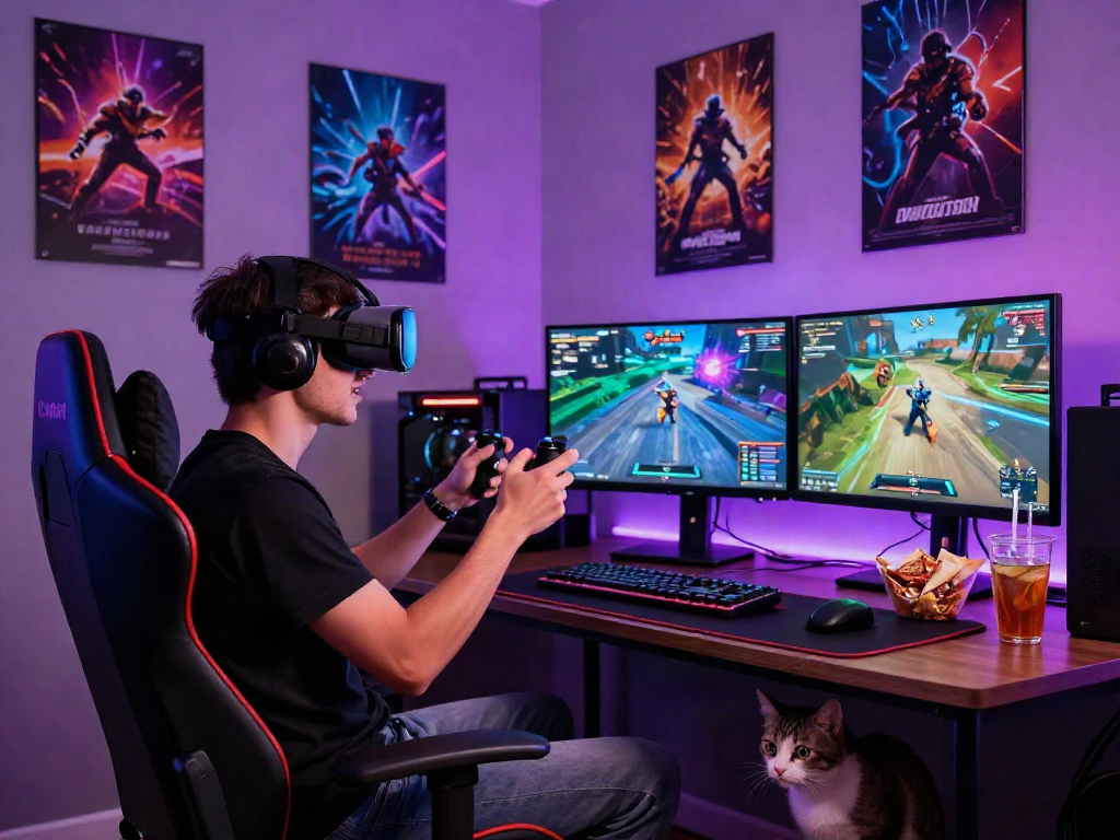 Gamer engaging in an immersive virtual reality setup while playing porn games amid vibrant LED lights and dynamic gaming gear.